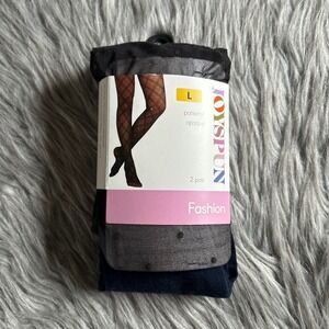 Joyspun High Waist Opaque Tights Women's Size Large Blue And Black Polka Dot